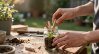 Cover Old Glass Jars With Clothespins To Craft A Cute Wooden Planter